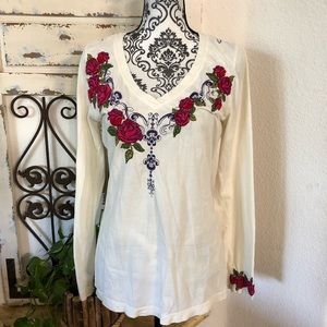 Johnny Was rose embroidered detail long sleeve tee